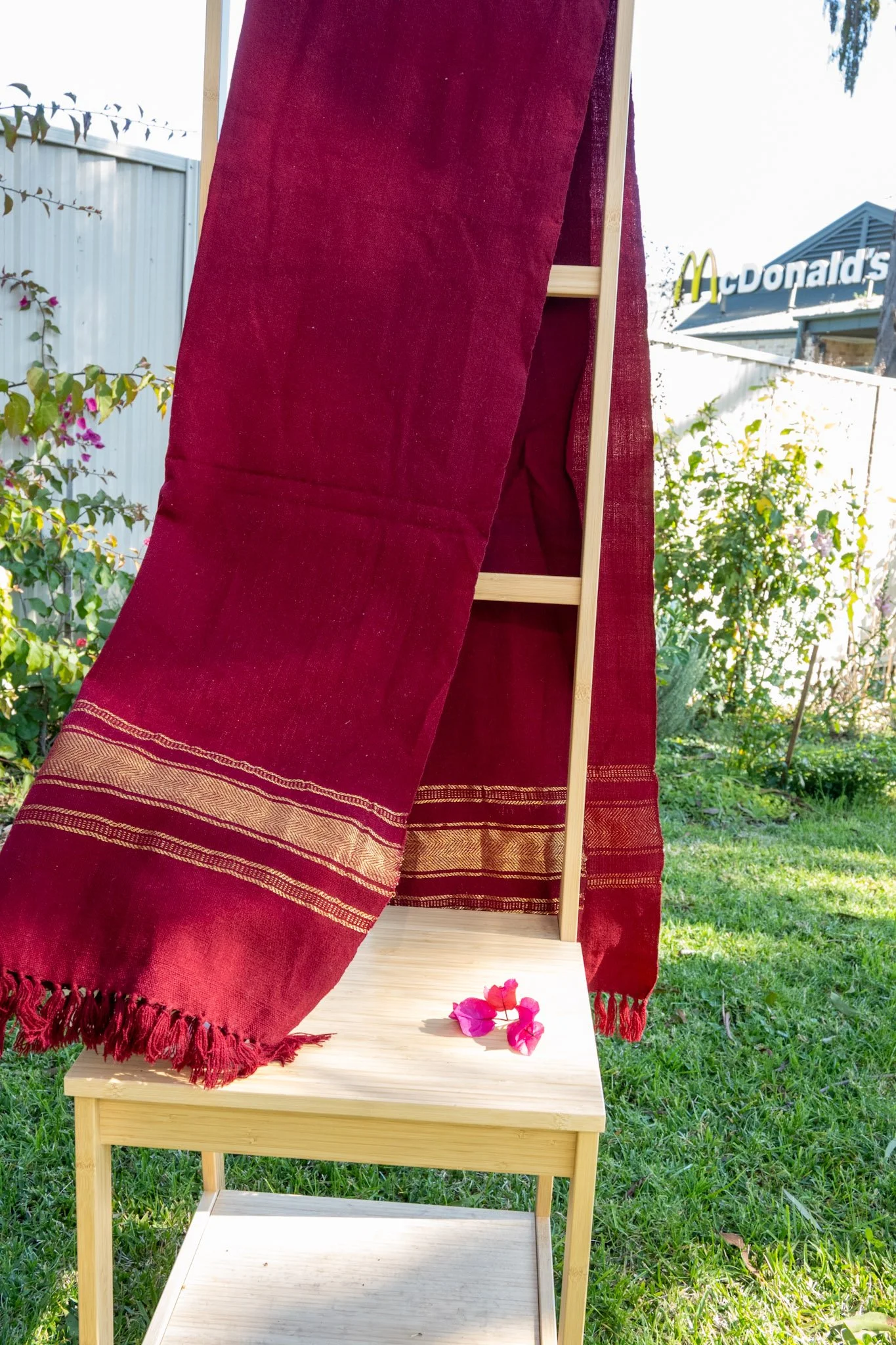 Handwoven Bhujodi Wool Shawl Maroon with Gold Stripe Borders