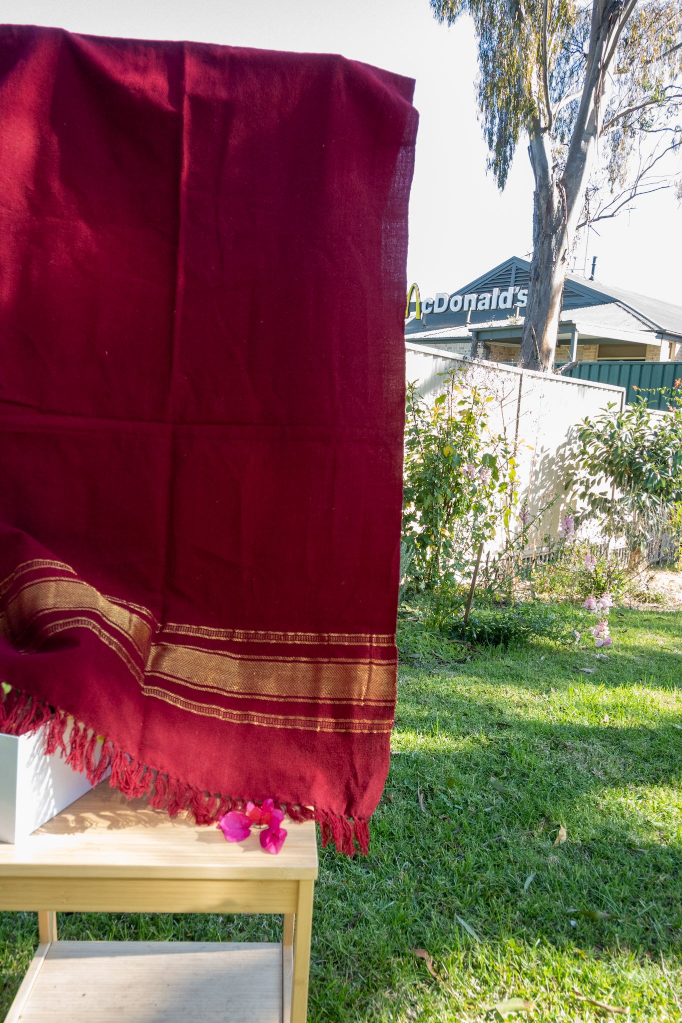 Handwoven Bhujodi Wool Shawl Maroon with Gold Stripe Borders