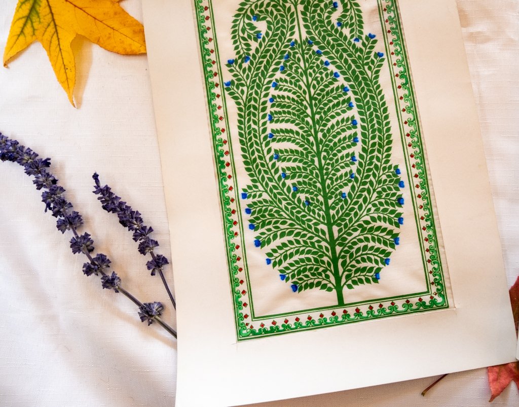 Handmade Pattachitra Painting – Intricate Green Leaf Motif with Blue Accents
