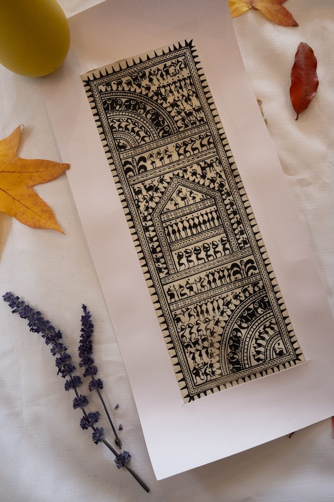 Handmade Warli Painting – Traditional Tribal Village Life in Black & White