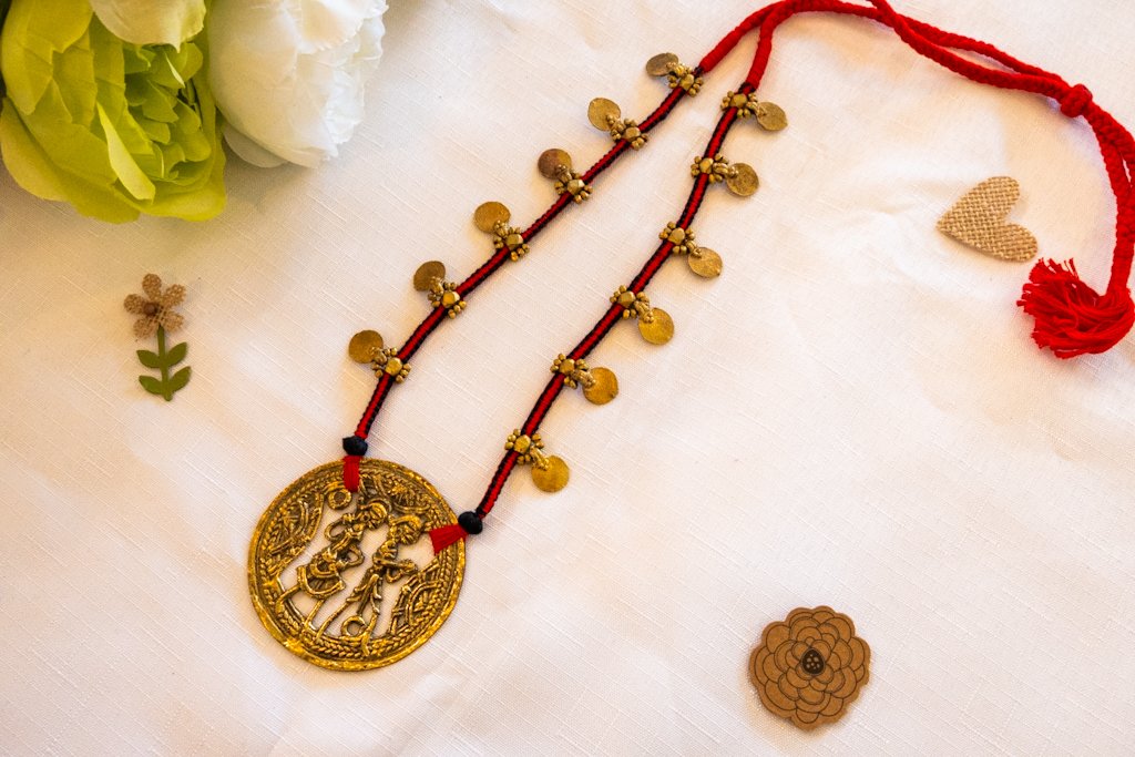 Handmade Dhokra Radha Krishna Pendant Necklace – Brass with Red-Black Cord