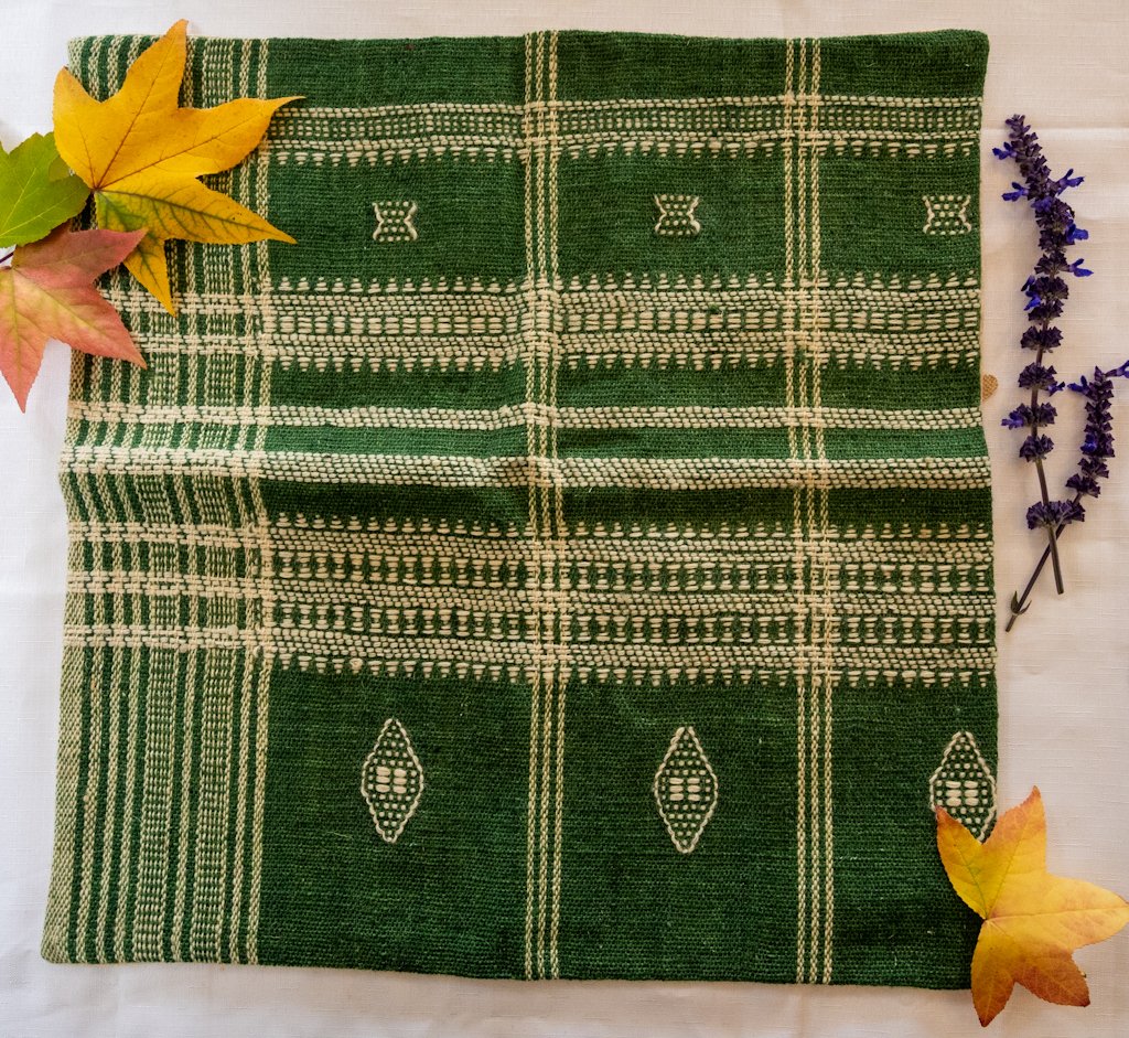 Handwoven Bhujodi Wool Cushion Cover – Forest Green with Ivory Kutch Motifs