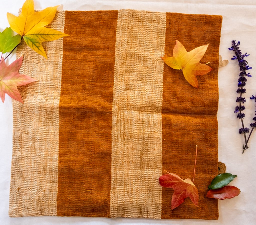 Handwoven Bhujodi Wool Cushion Cover – Ochre & Natural Stripes