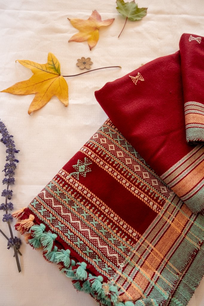 Handwoven Bhujodi Wool Shawl – Maroon with Traditional Kutch Motifs & Tassels