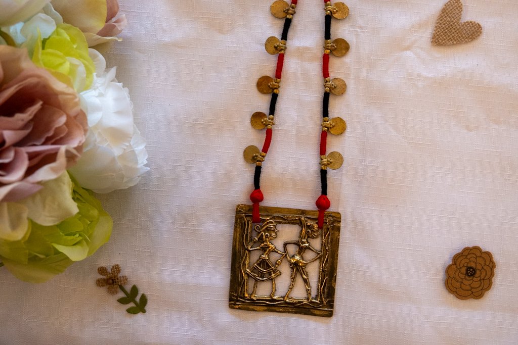 Handmade Dhokra Dance Motif Necklace – Brass Pendant with Red-Black Cord