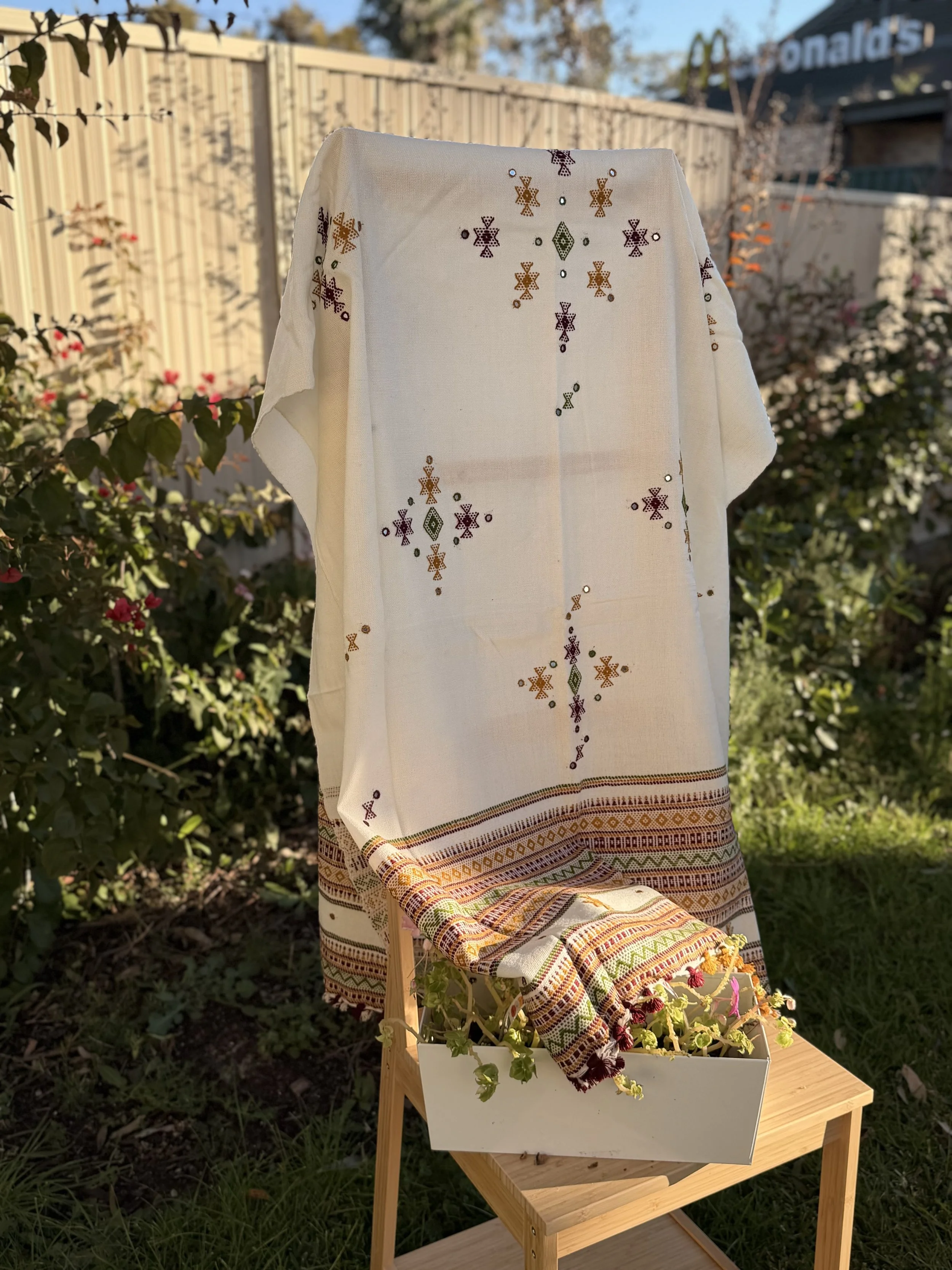 Handwoven Bhujodi Wool Shawl Ivory with Maroon Ochre Kutch Motifs