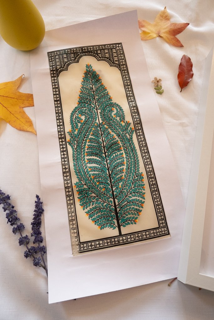 Handmade Pattachitra Painting – Intricate Green Leaf Motif with Orange Accents
