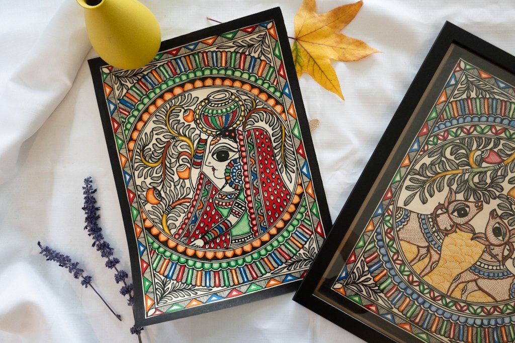 Handmade Madhubani Lady with Pot Painting – Elegant Indian Art