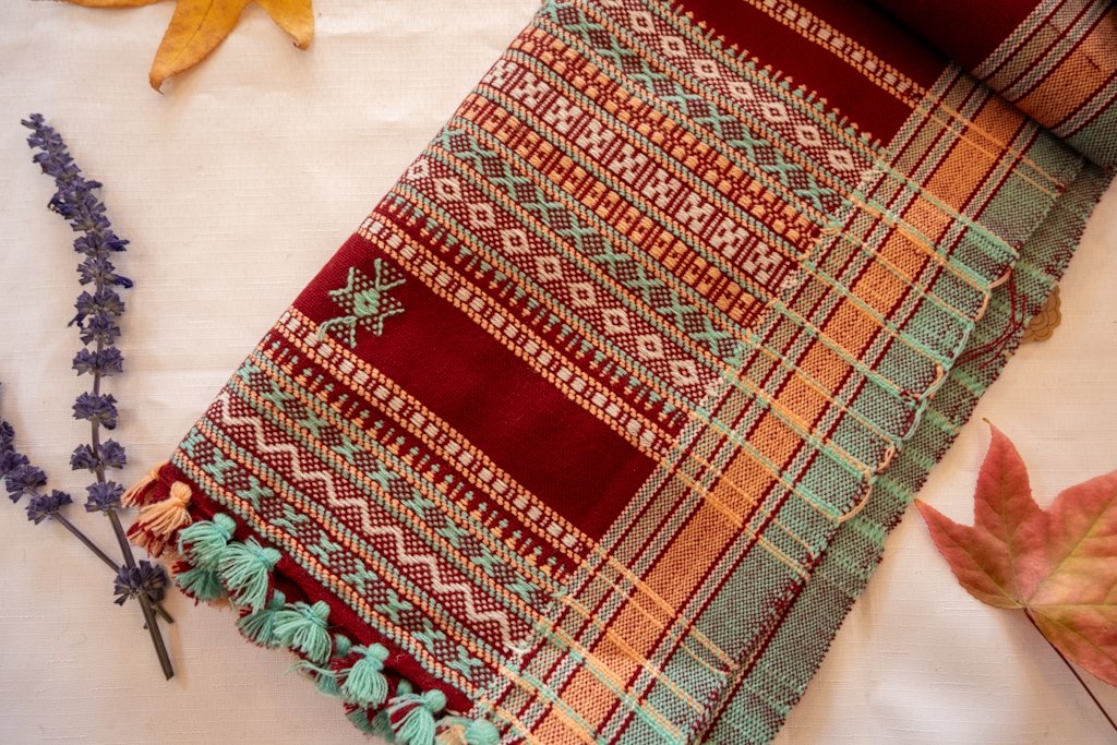 Handwoven Bhujodi Wool Shawl – Maroon with Traditional Kutch Motifs & Tassels