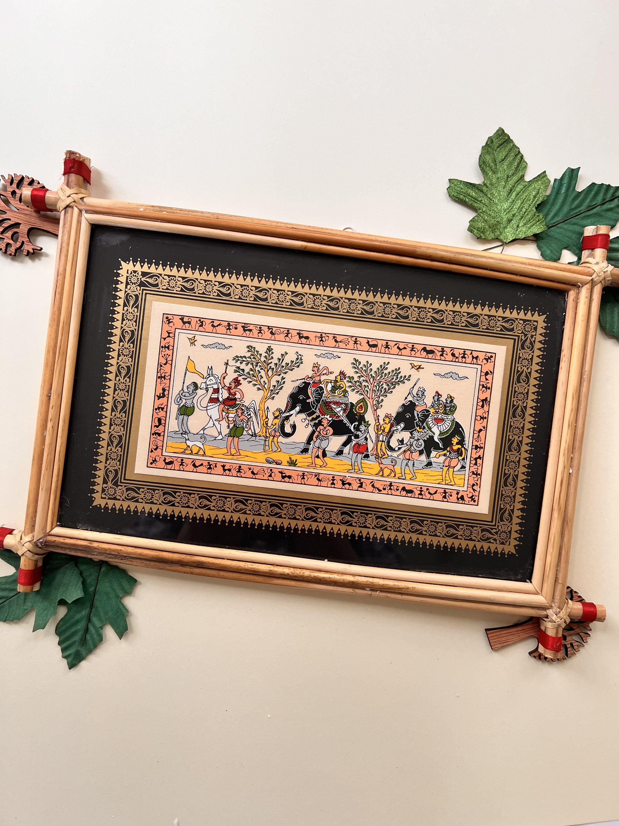 Handmade Pattachitra Festive Elephant Parade Painting – Bamboo Frame