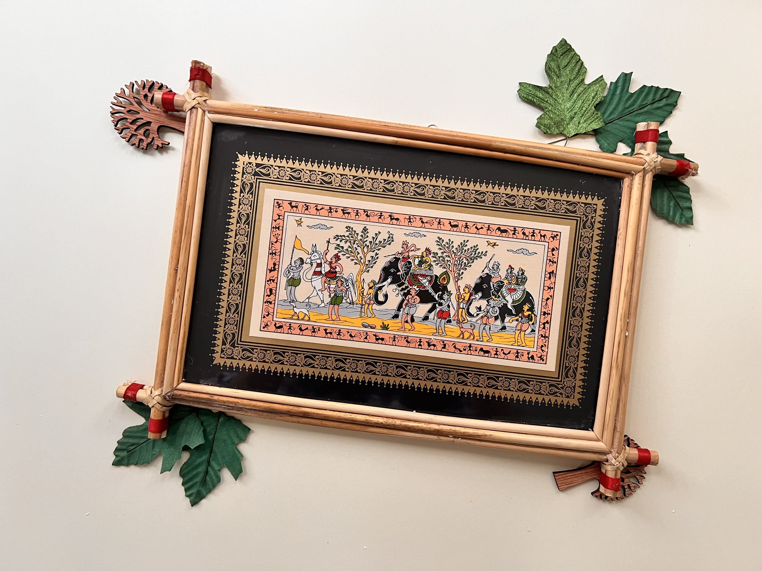Handmade Pattachitra Festive Elephant Parade Painting – Bamboo Frame