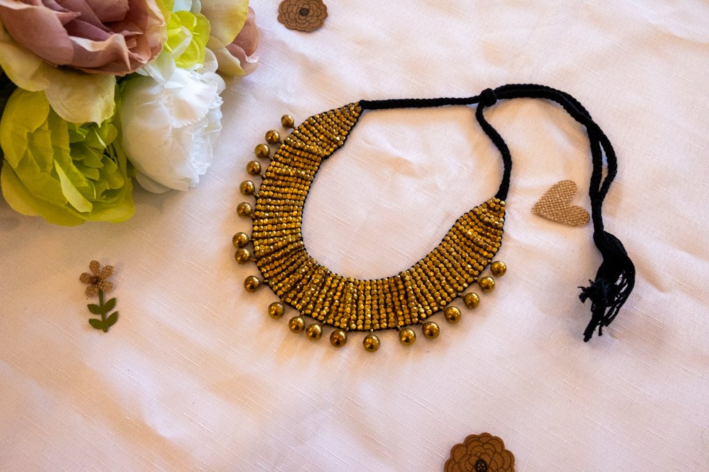 Handmade Dhokra Layered Brass Bead Necklace – Black Cord