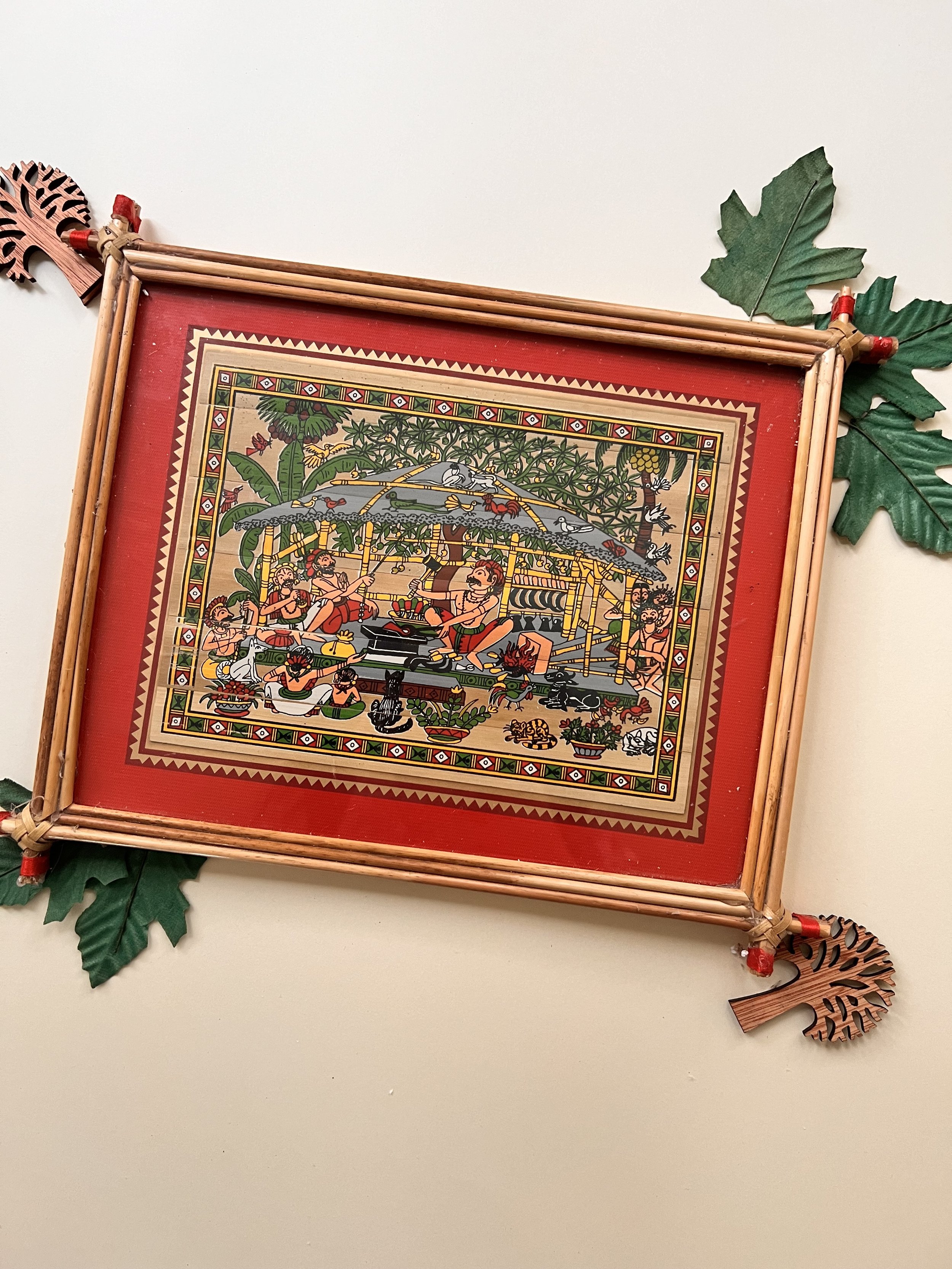 Handmade Pattachitra Village Celebration Painting – Bamboo Frame