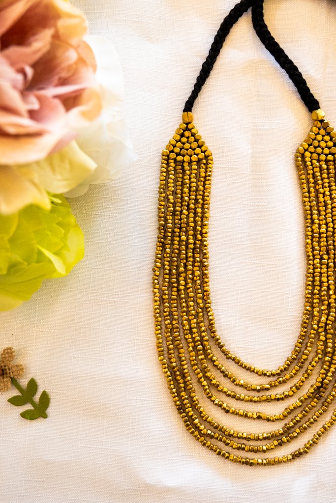 Handmade Dhokra Multi-Strand Brass Bead Necklace with Black Thread