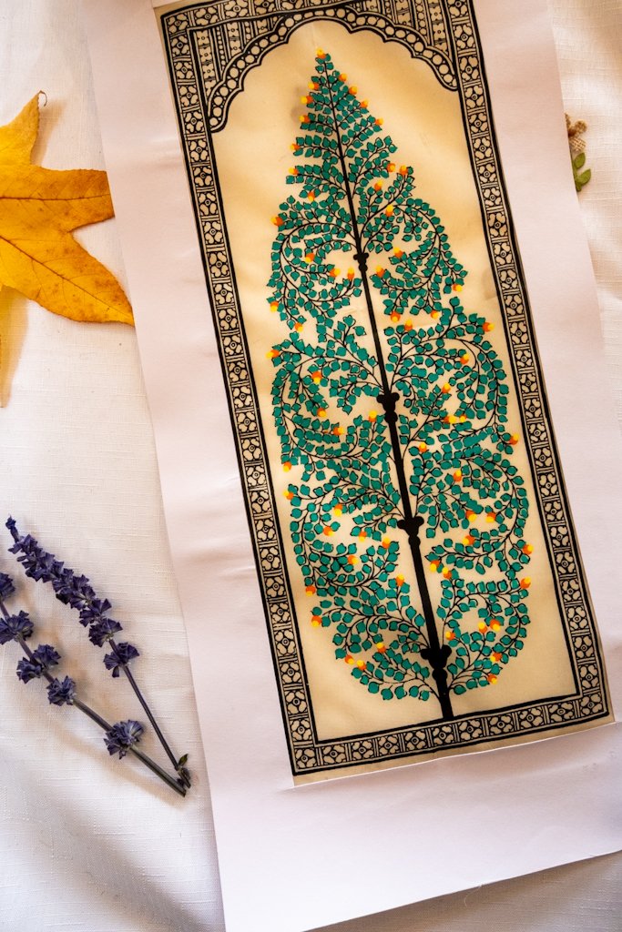Handmade Pattachitra Painting – Intricate Green Foliage Motif with Yellow Accents