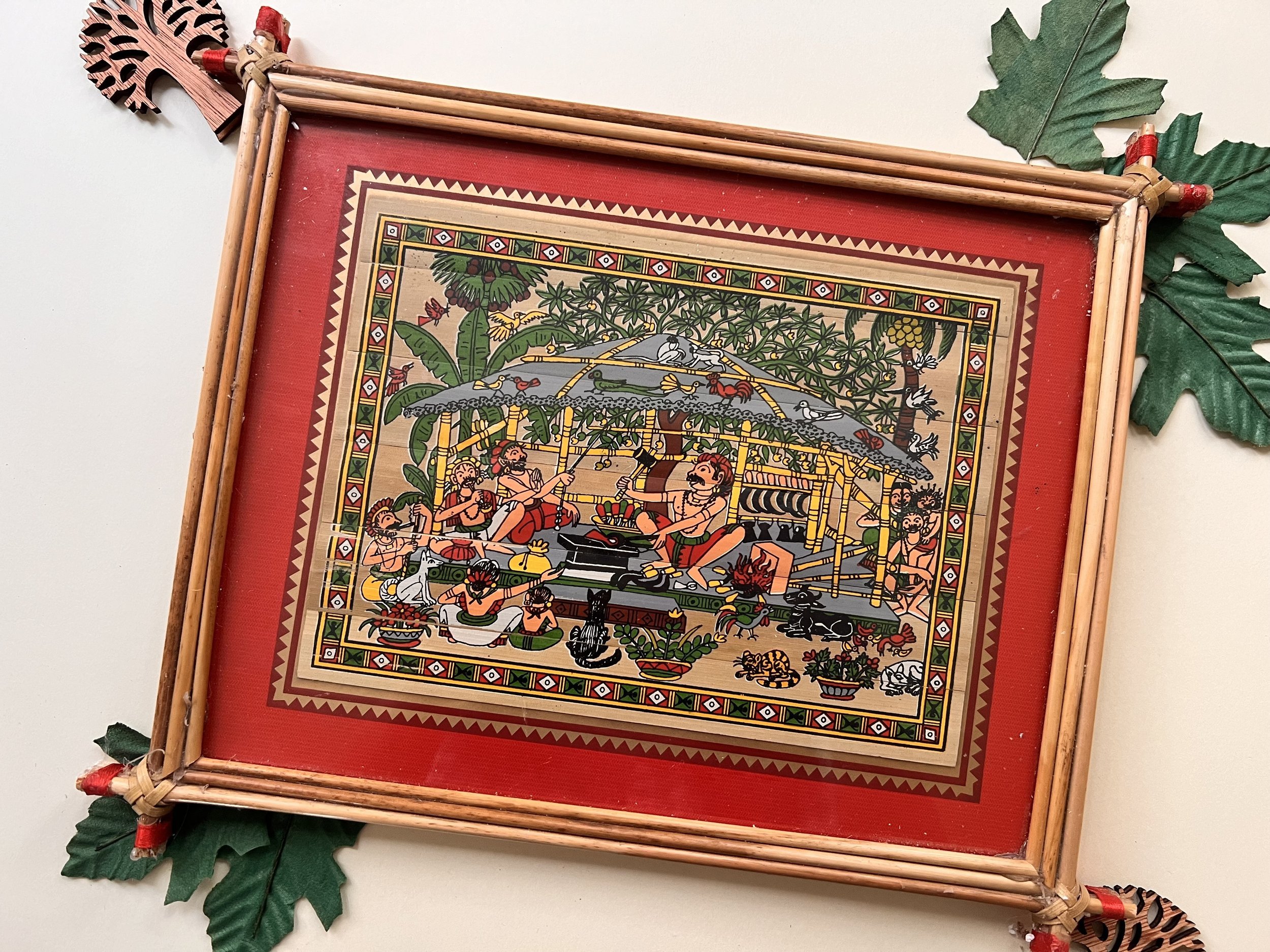 Handmade Pattachitra Village Celebration Painting – Bamboo Frame