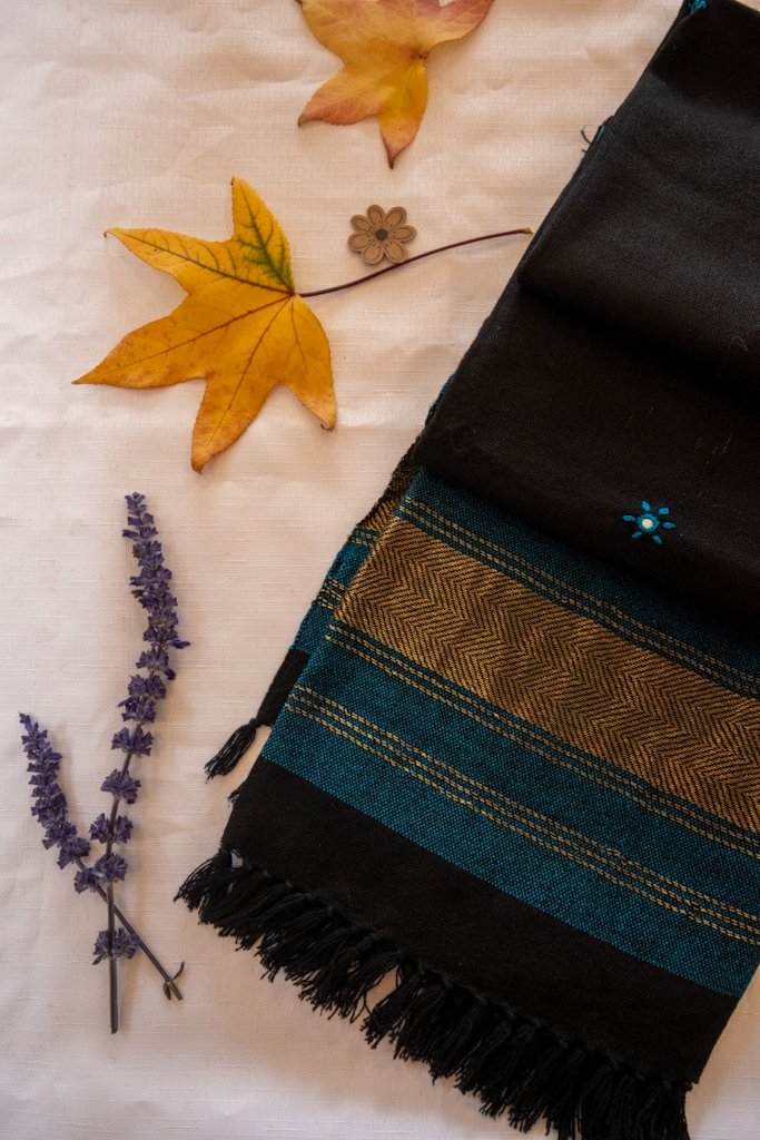 Handwoven Bhujodi Wool Shawl – Black with Teal & Mustard Chevron Motifs