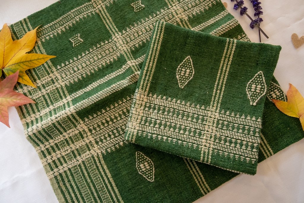 Handwoven Bhujodi Wool Cushion Cover – Forest Green with Ivory Kutch Motifs