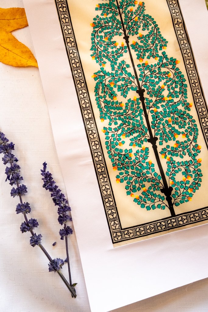Handmade Tree of Life Painting | Green with orange accents