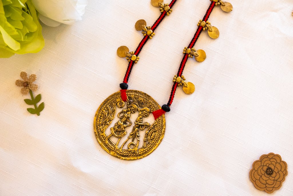 Handmade Dhokra Radha Krishna Pendant Necklace – Brass with Red-Black Cord