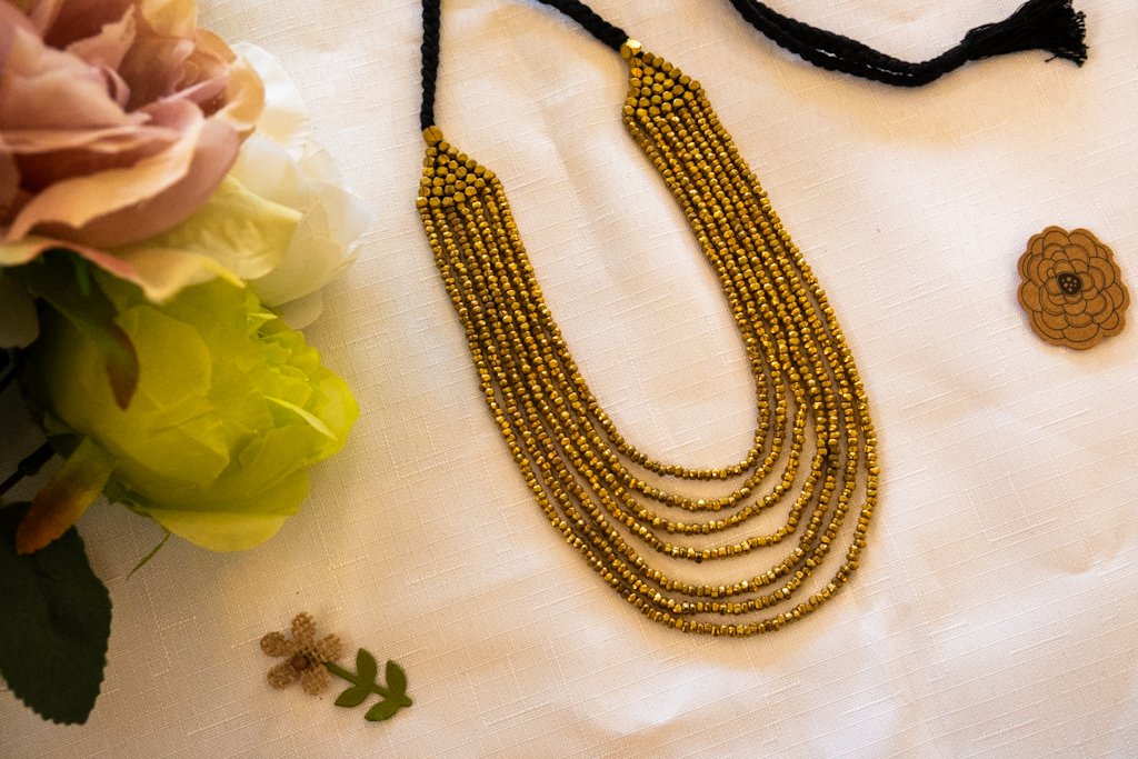 Handmade Dhokra Multi-Strand Brass Bead Necklace with Black Thread