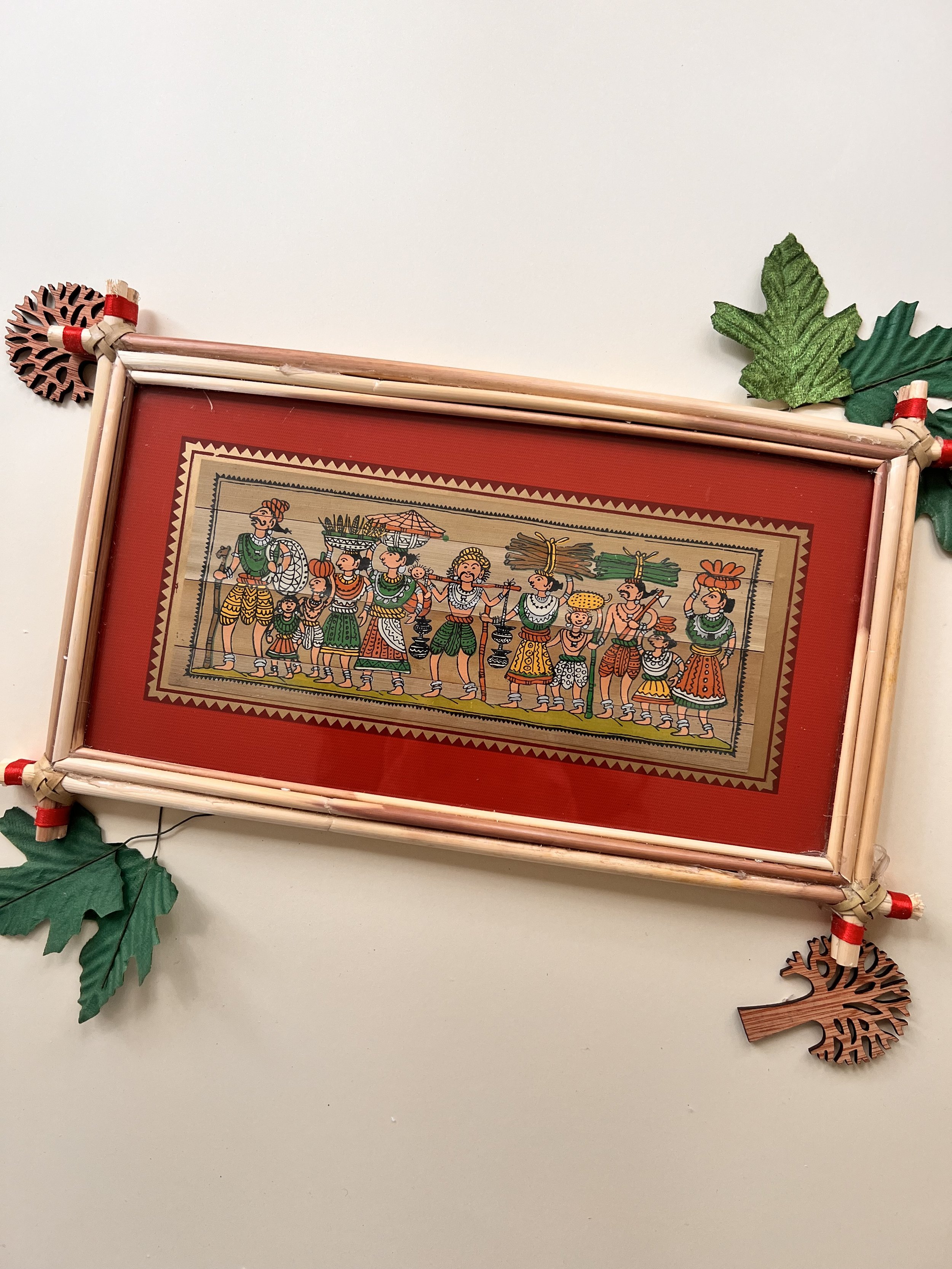 Handmade Pattachitra Village Procession Painting – Bamboo Frame