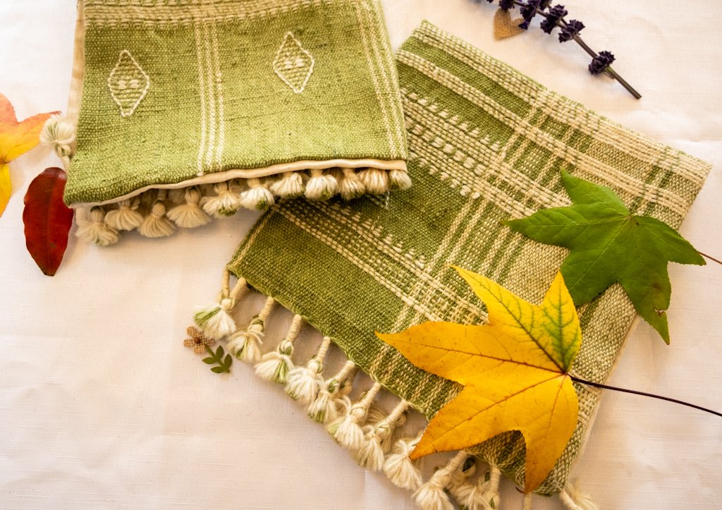 Handwoven Bhujodi Wool Cushion Cover – Sage Green with Ivory Motifs & Tassels