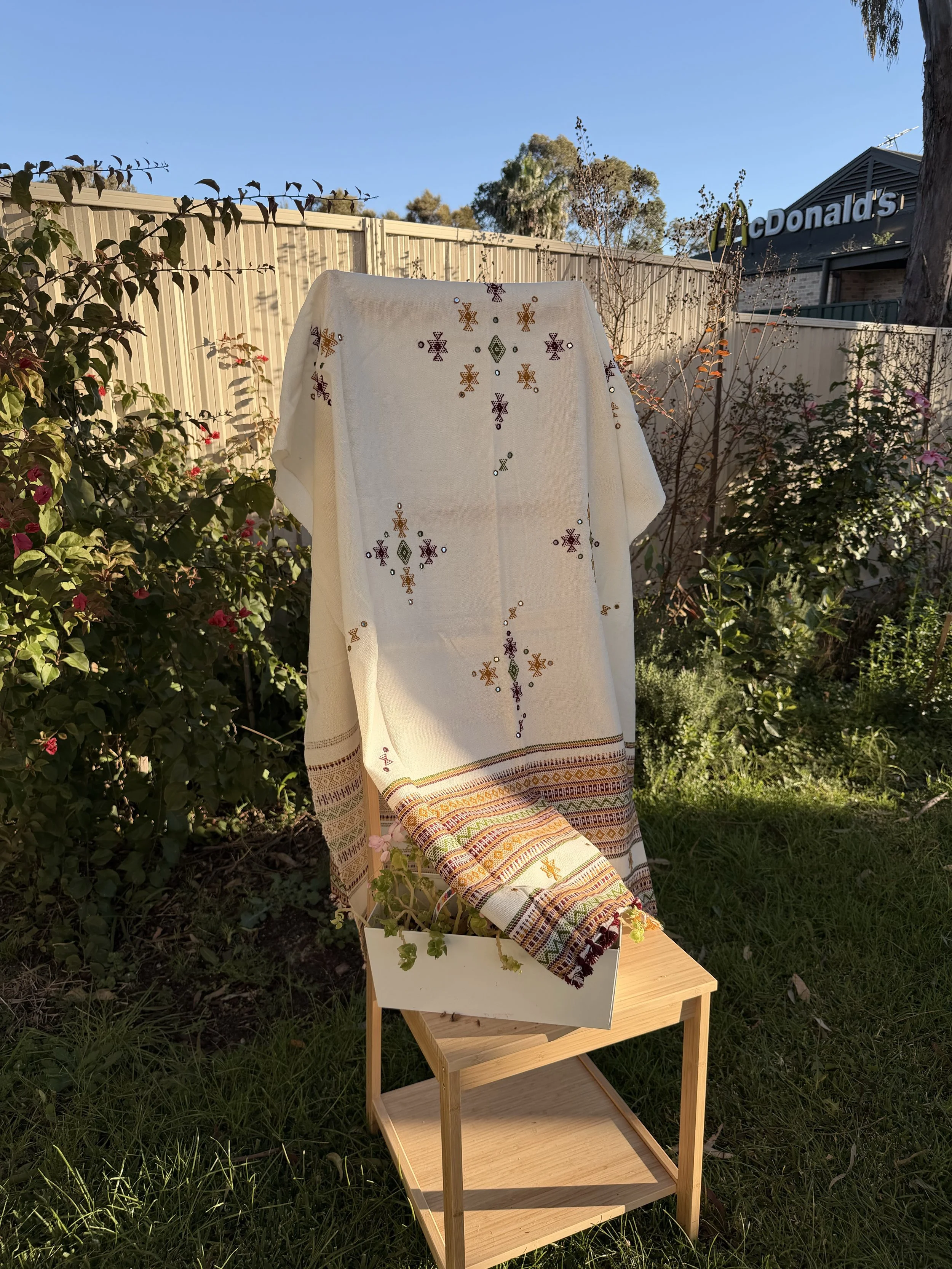 Handwoven Bhujodi Wool Shawl Ivory with Maroon Ochre Kutch Motifs