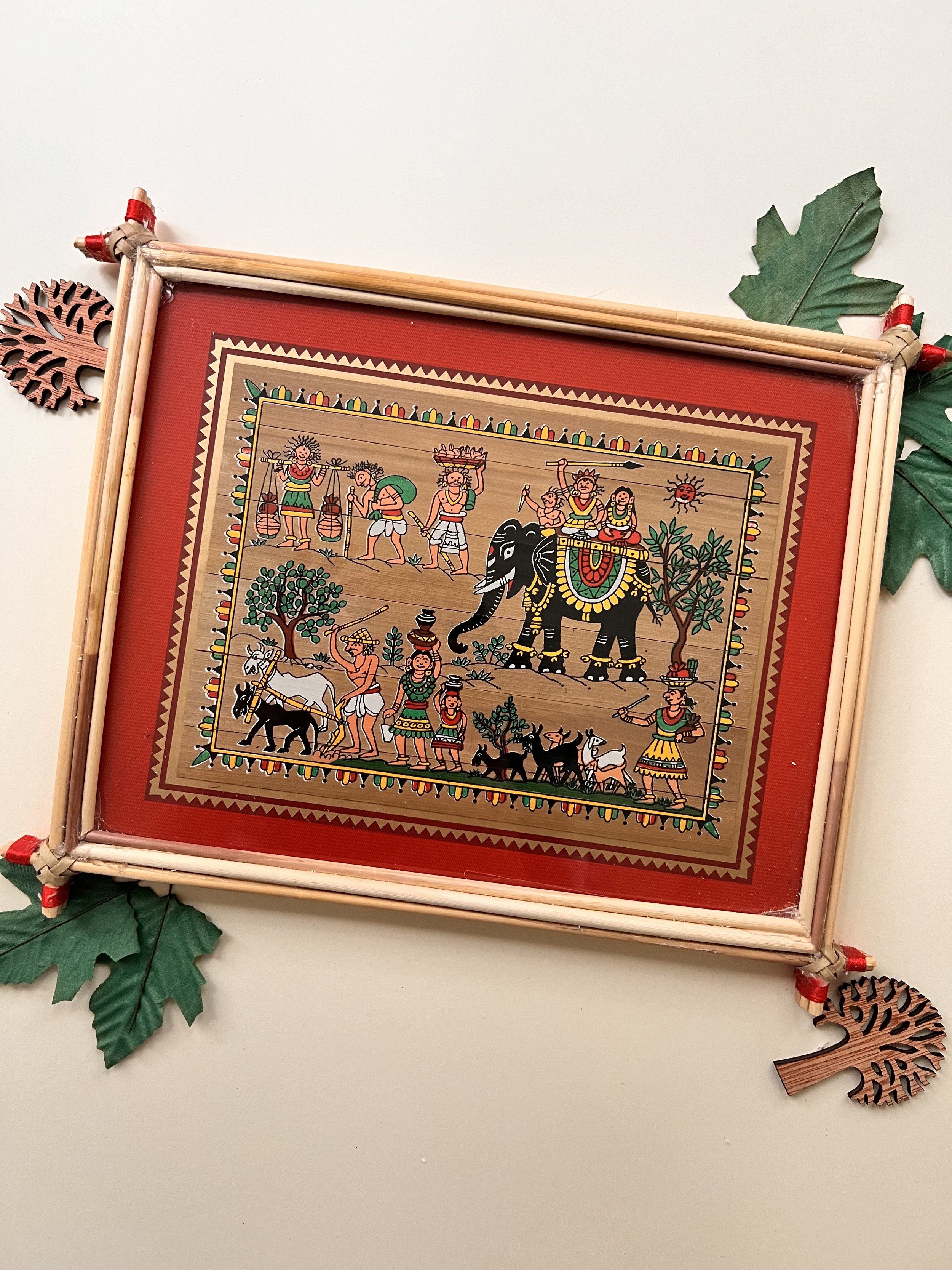 Handmade Pattachitra Royal Elephant Parade Painting – Bamboo Frame