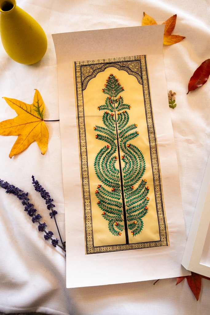 Handmade Pattachitra Painting – Traditional Leaf Motif in Green & Gold
