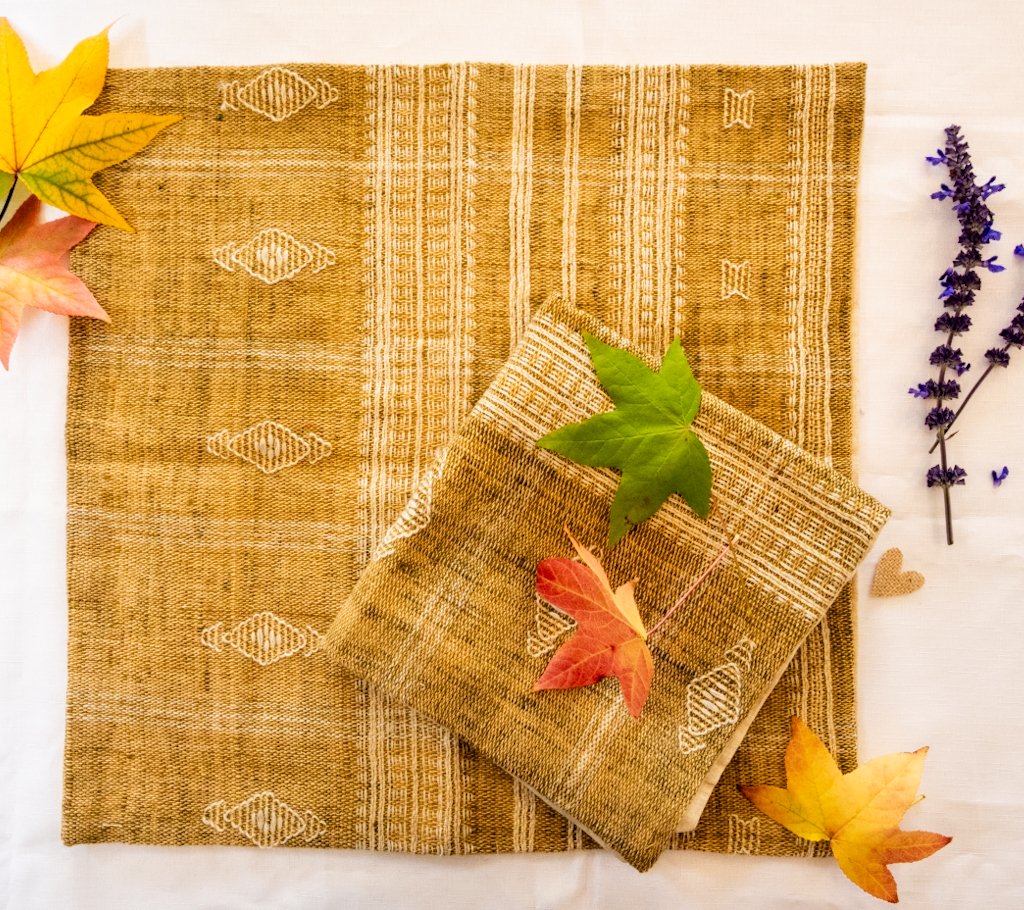 Handwoven Bhujodi Wool Cushion Cover – Earthy Ochre with White Kutch Motifs