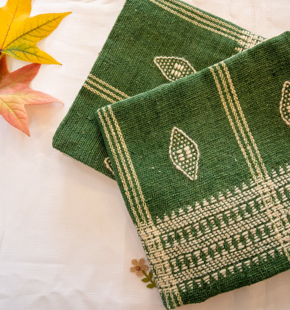 Handwoven Bhujodi Wool Cushion Cover – Forest Green with Ivory Kutch Motifs