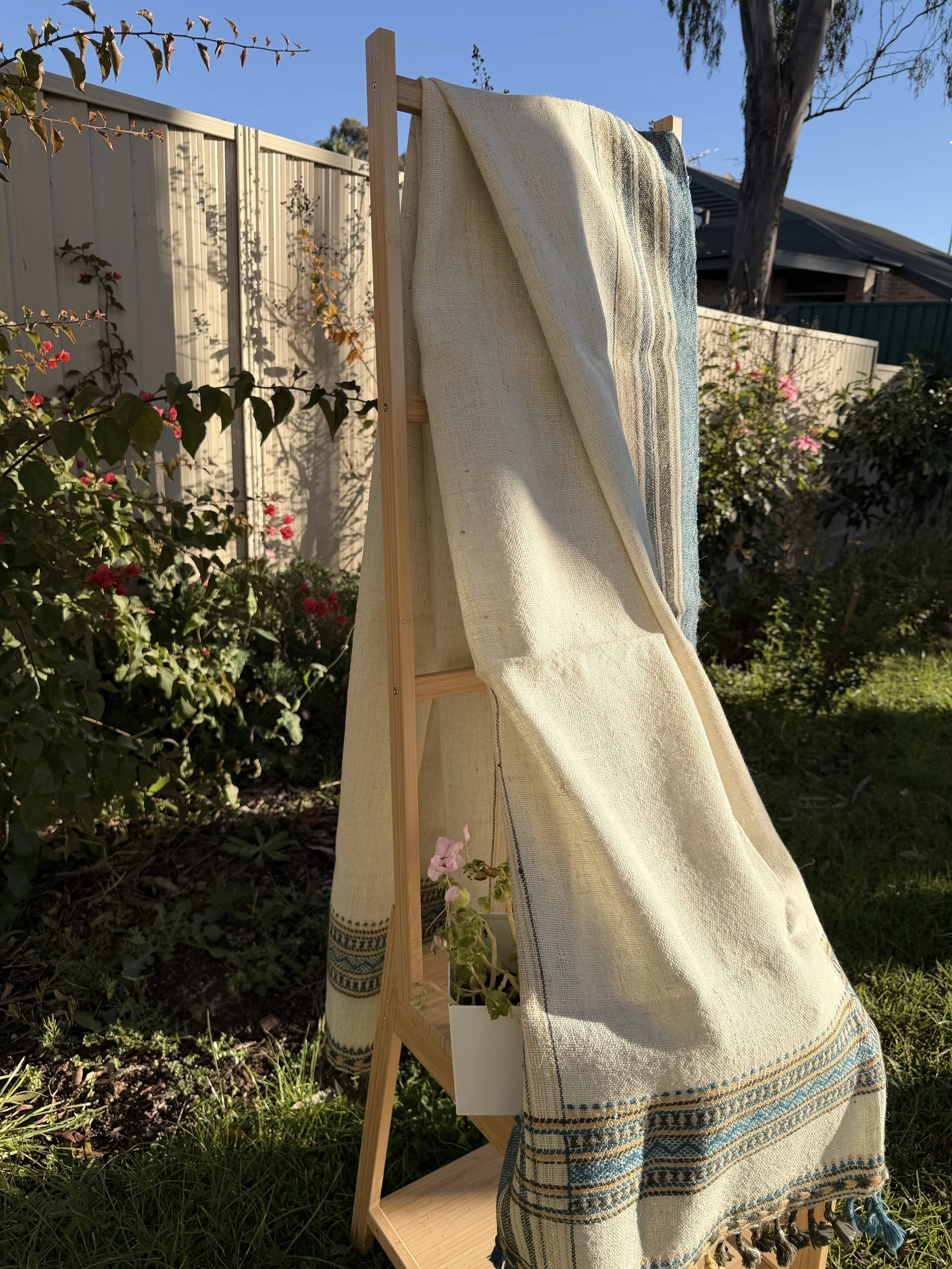 Handwoven Bhujodi Wool Throw Natural Ivory with Indigo Stripes Tassels