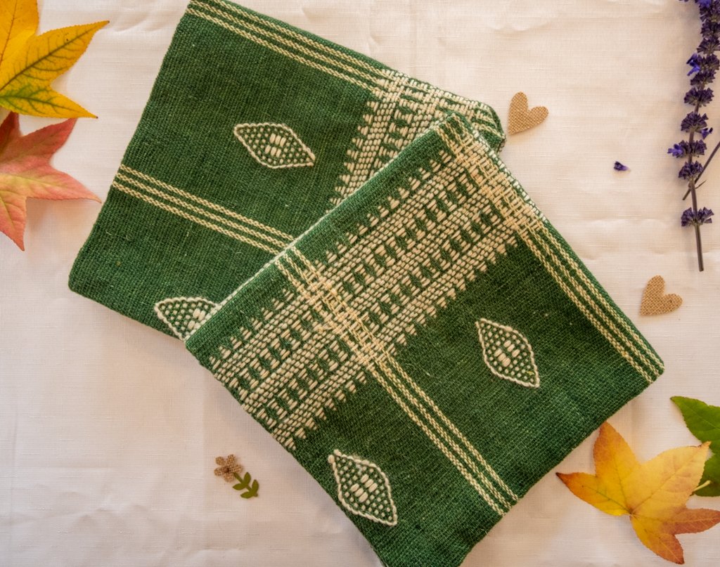 Handwoven Bhujodi Wool Cushion Cover – Forest Green with Ivory Kutch Motifs