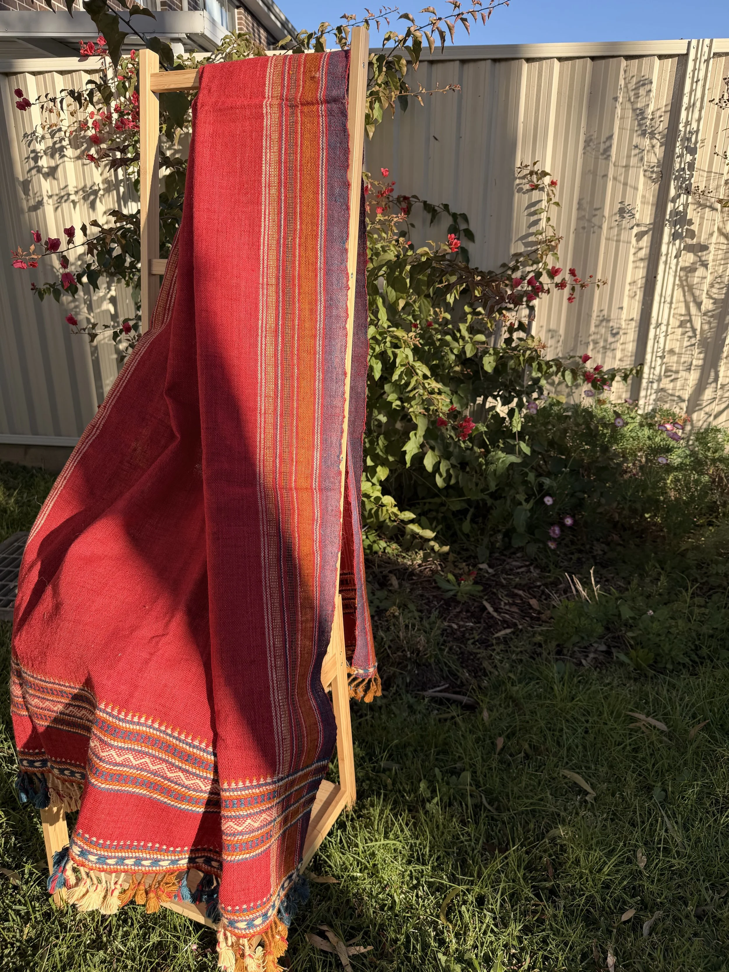 Handwoven Bhujodi Wool Throw Deep Red with Multicolour Kutch Motifs Tassels