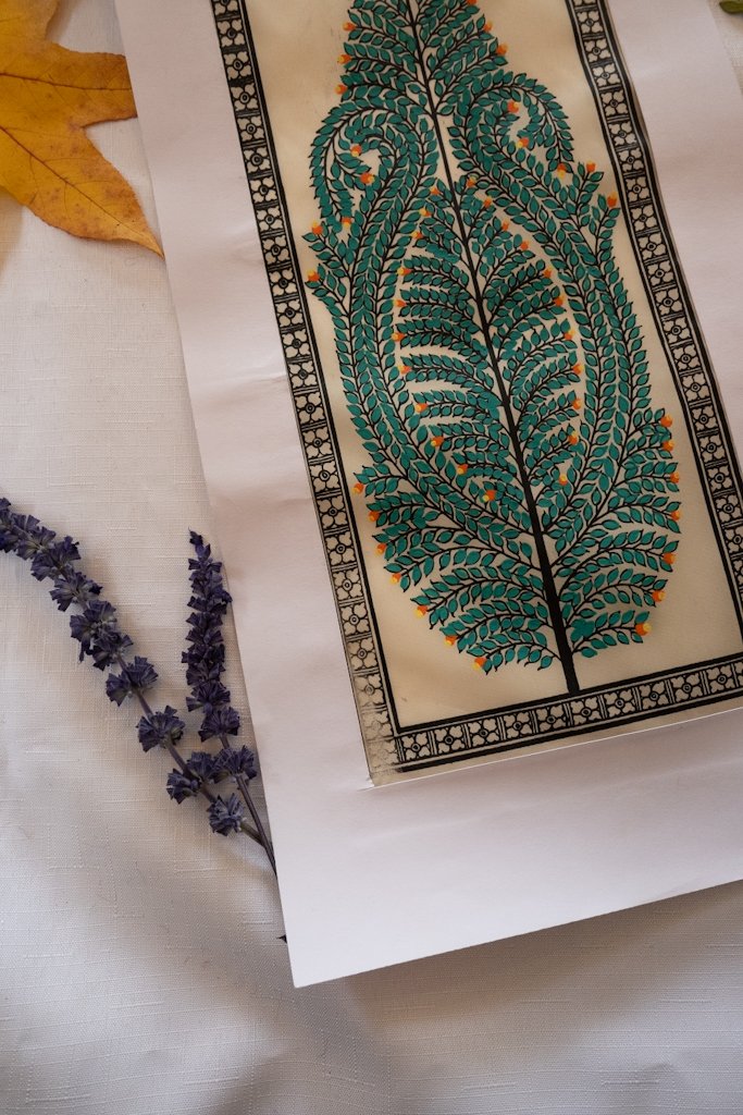 Handmade Pattachitra Painting – Intricate Green Leaf Motif with Orange Accents