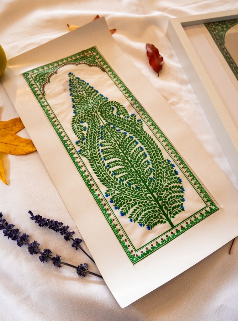 Handmade Pattachitra Painting – Intricate Green Leaf Motif with Blue Accents