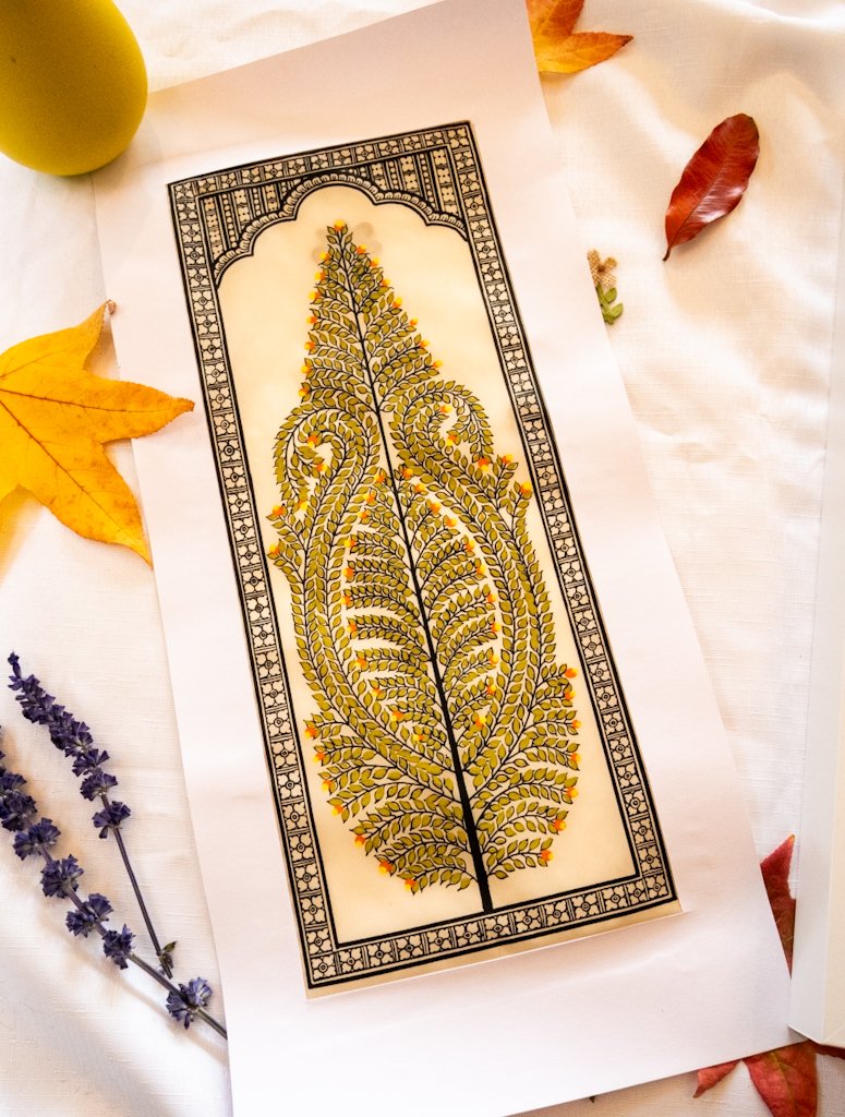 Handmade Pattachitra Painting – Intricate Leaf Motif in Green & Yellow