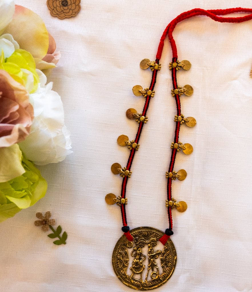 Handmade Dhokra Radha Krishna Pendant Necklace – Brass with Red-Black Cord
