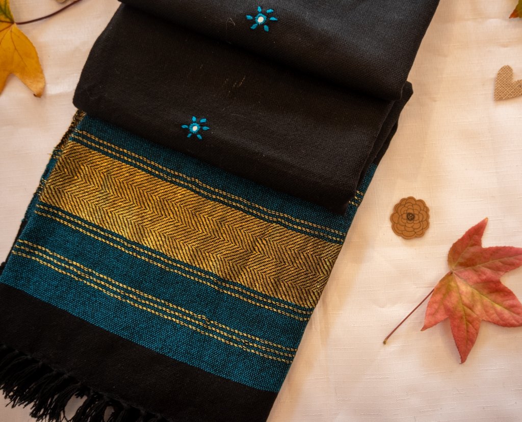 Handwoven Bhujodi Wool Shawl – Black with Teal & Mustard Chevron Motifs