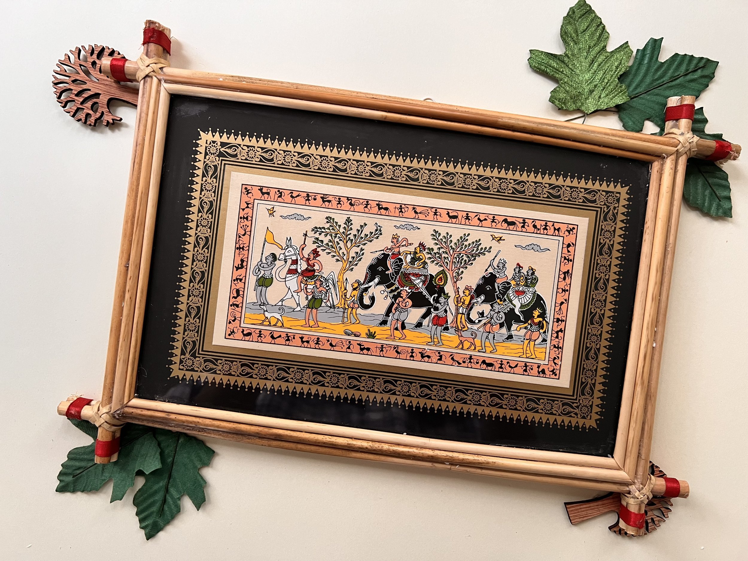 Handmade Pattachitra Festive Elephant Parade Painting – Bamboo Frame