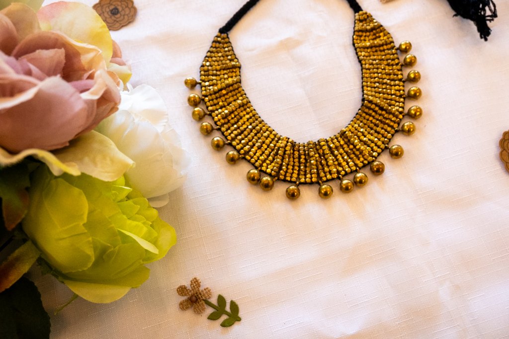 Handmade Dhokra Layered Brass Bead Necklace – Black Cord