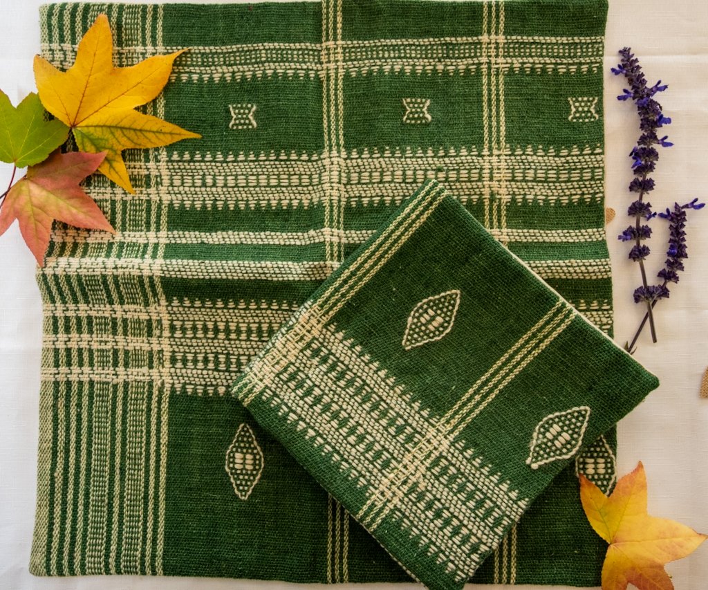 Handwoven Bhujodi Wool Cushion Cover – Forest Green with Ivory Kutch Motifs