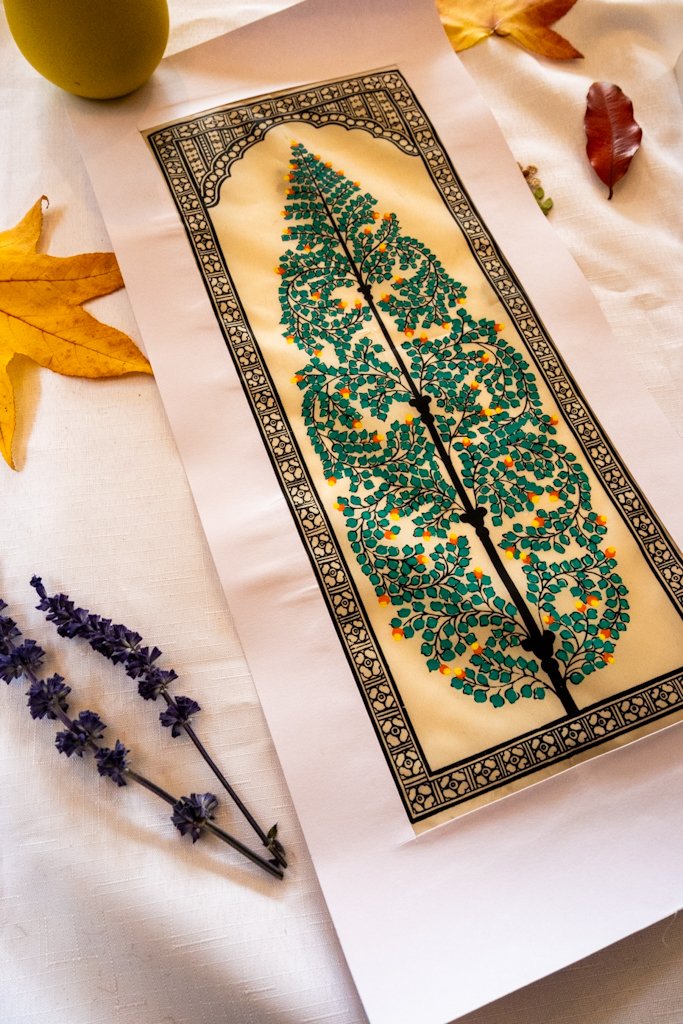 Handmade Tree of Life Painting | Green with orange accents