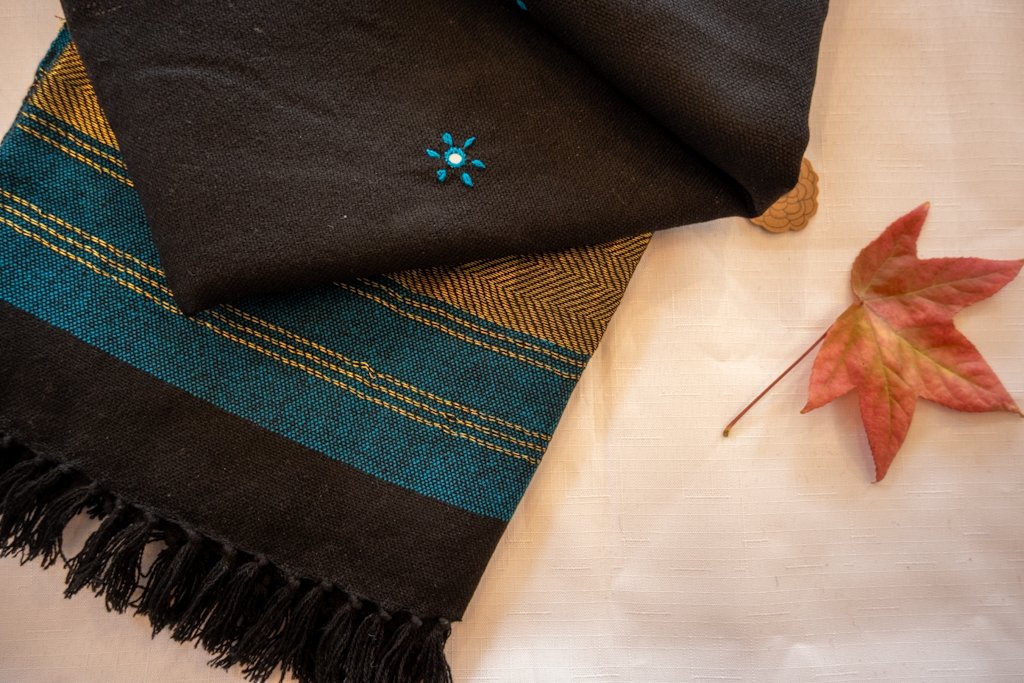 Handwoven Bhujodi Wool Shawl – Black with Teal & Mustard Chevron Motifs
