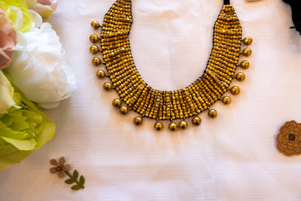 Handmade Dhokra Layered Brass Bead Necklace – Black Cord