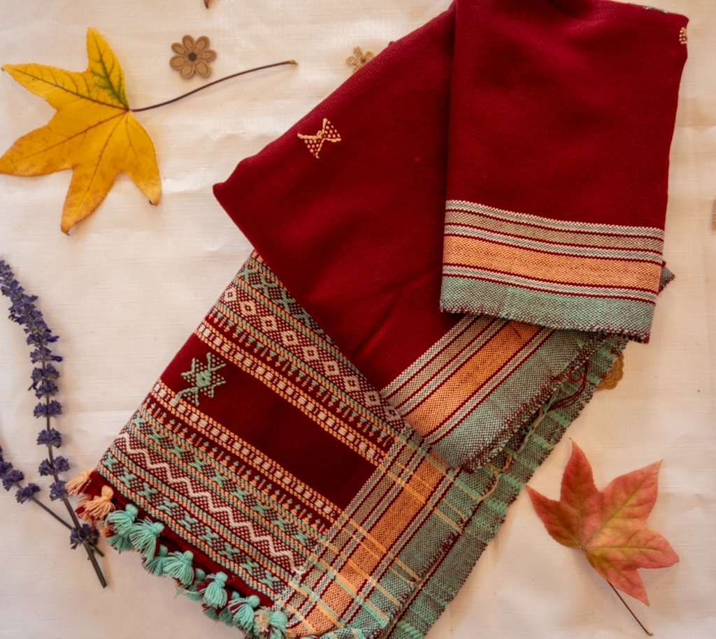 Handwoven Bhujodi Wool Shawl – Maroon with Traditional Kutch Motifs & Tassels