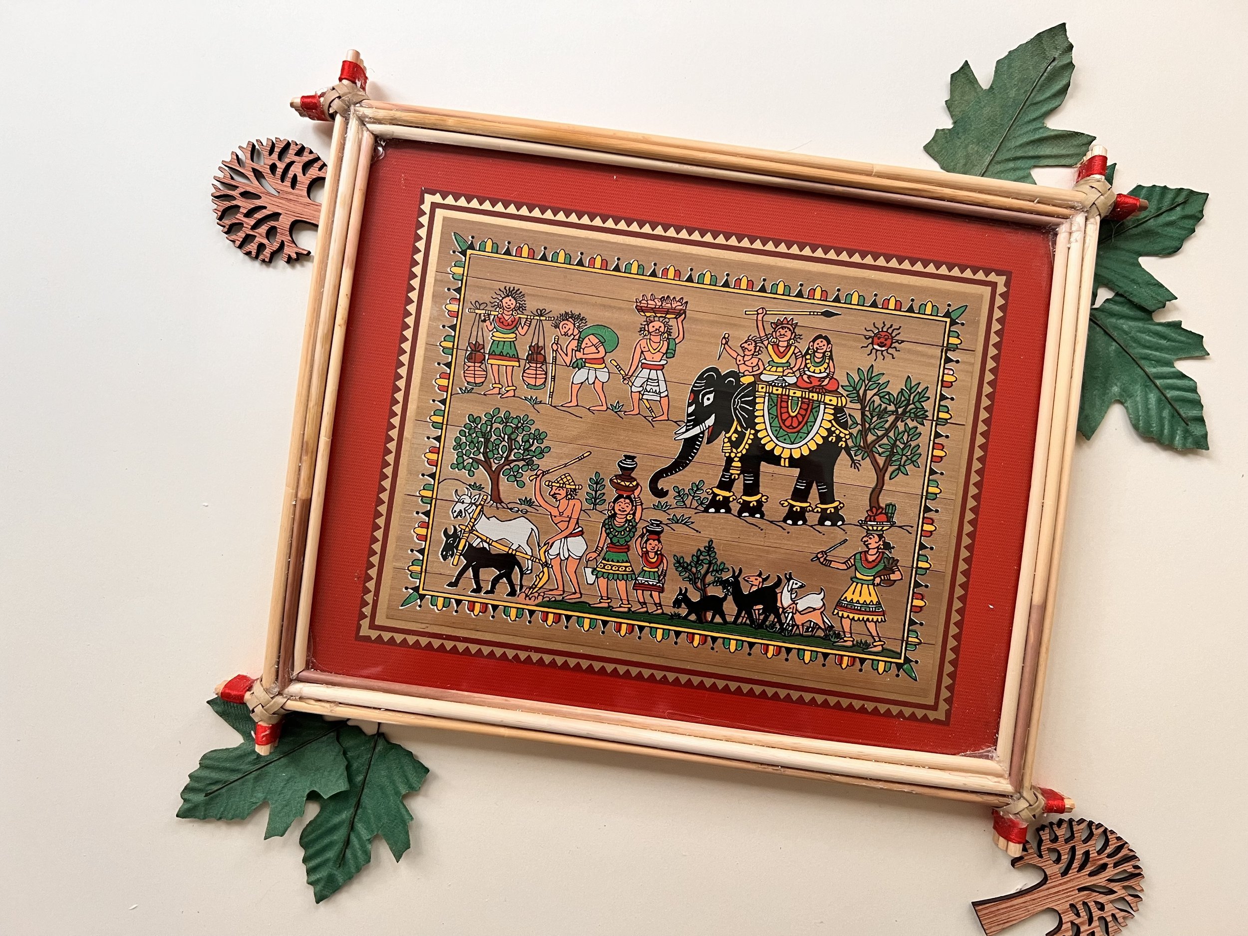 Handmade Pattachitra Royal Elephant Parade Painting – Bamboo Frame