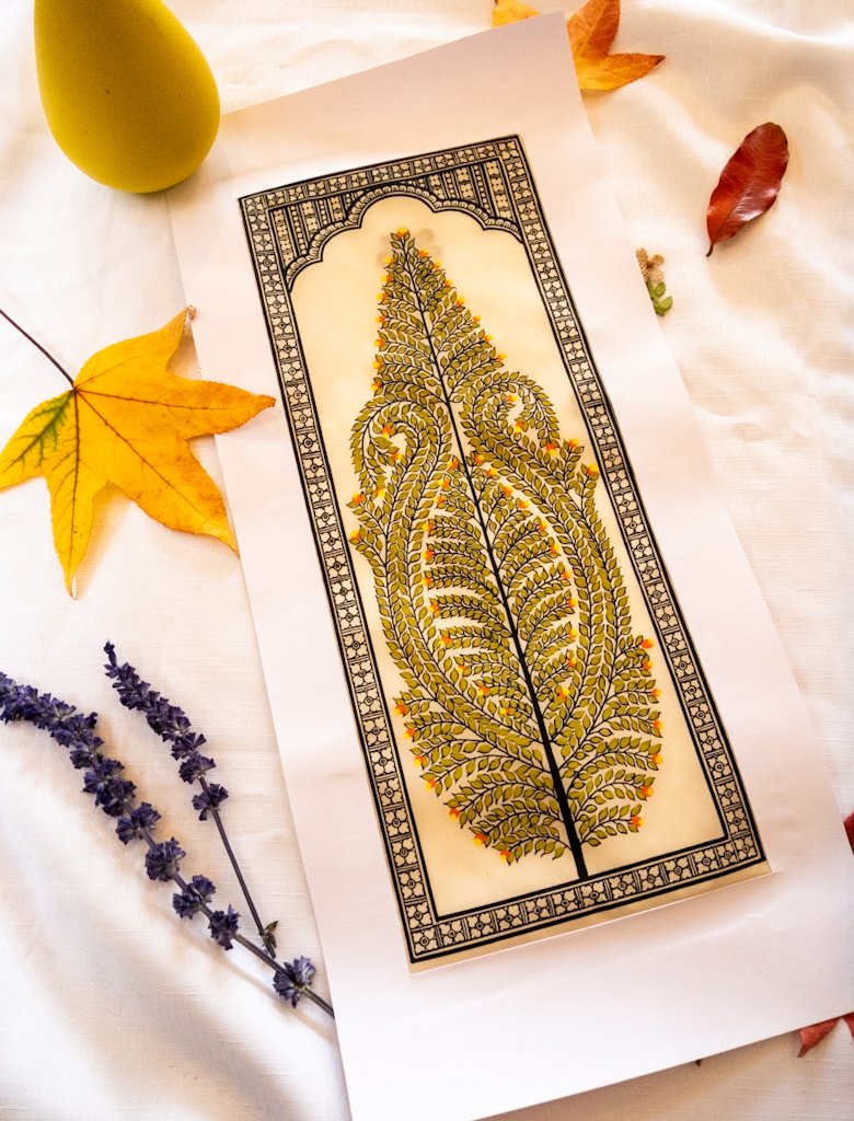 Handmade Pattachitra Painting – Intricate Leaf Motif in Green & Yellow