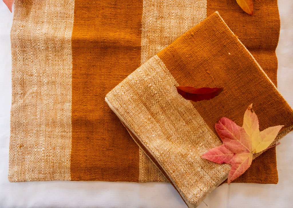 Handwoven Bhujodi Wool Cushion Cover – Ochre & Natural Stripes